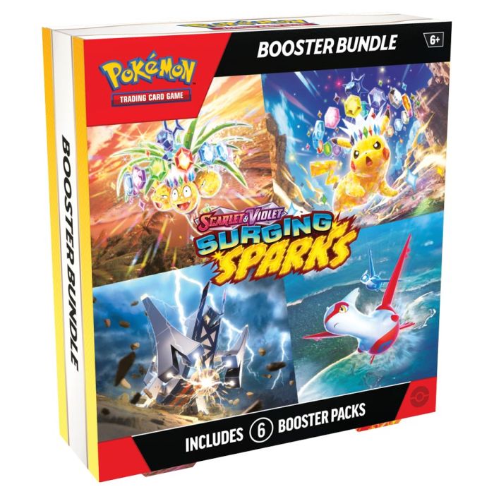 A box of Pokémon TCG: Scarlet & Violet—Surging Sparks Booster Bundle featuring illustrations of Pokémon characters engaging in battle.